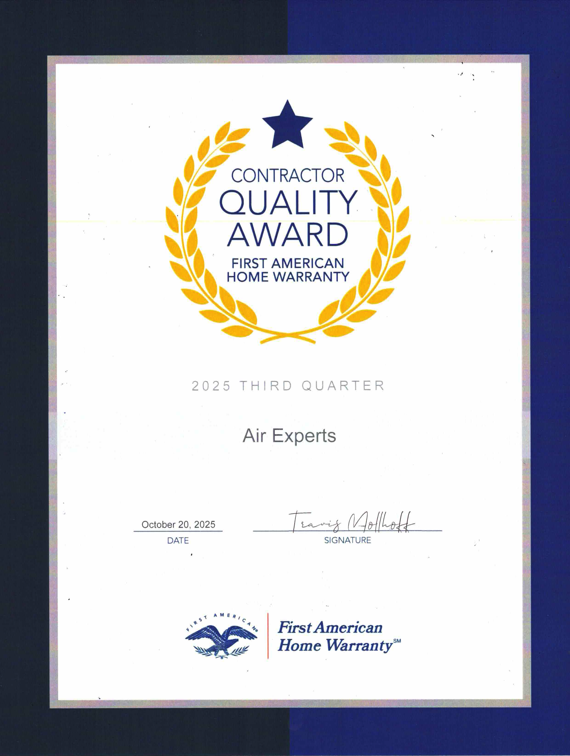 First American Home Warranty, Quality Contractor Award, 2025 Third Quarter